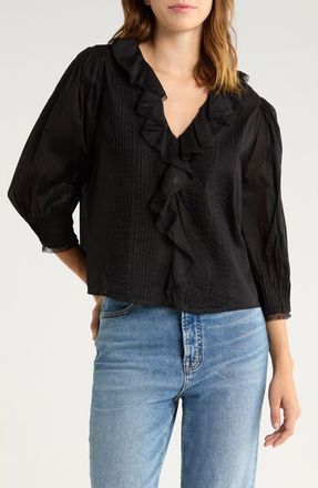 Rails Mare Ruffle Cotton Button-Up Top in Black at Nordstrom, Size X-Small