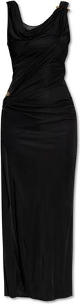 Versace Lange jurk met decoratieve veiligheidsspeld - Dames - Maxi kleedjes - Zwart - XS - Leer - Kleedjes