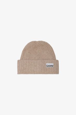Ganni Beige Oversized Wool Rib Knit Beanie