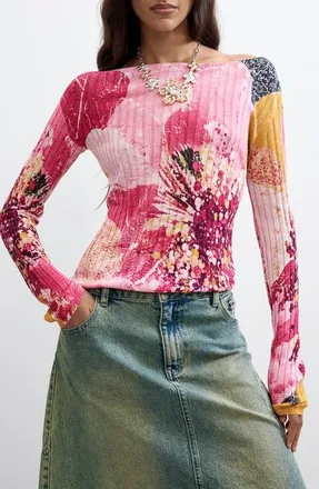 Desigual Print Boat Neck Sweater in Pink at Nordstrom, Size X-Large