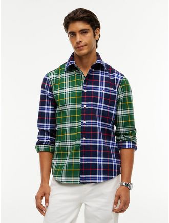 Tommy Hilfiger Mens Regular Fit Mixed-Tartan Oxford Shirt - Deep Evergreen - XXL