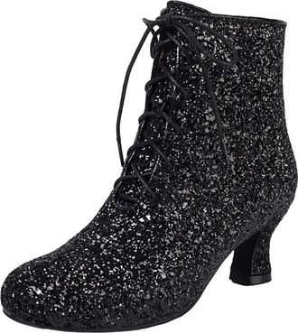 Generic Womens Party Ankle Boots Round Toe Med Chunky Heel Zipper Closure With Bling Finish For Banquet And Dating Events