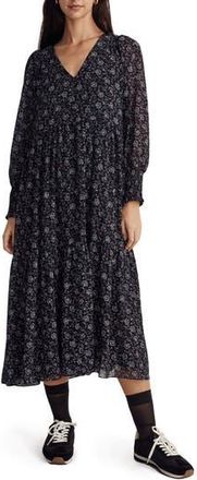 Madewell Enchanted Floral Long Sleeve Georgette V-Neck Tiered Midi Dress in Night Vision at Nordstrom Rack, Size Xx-Small