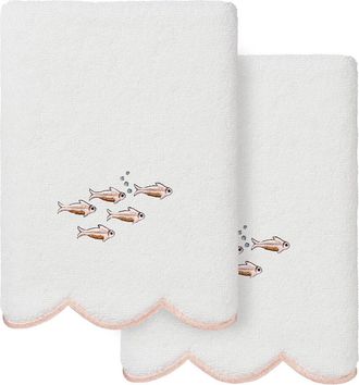 Linum Home Textiles 100% Turkish Cotton Fish School Scallop 2Pc Embellished Hand Towel Set