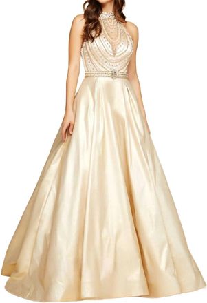 Mac Duggal Beaded Illusion Halterneck Ball Gown In Gold