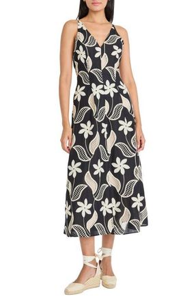 Maggy London Embroidered Sleeveless Cotton Midi Dress in Black/Cream at Nordstrom, Size 14
