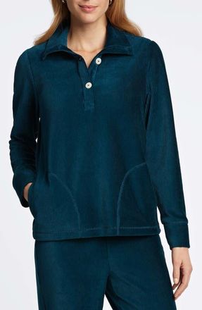 Foxcroft Sammy Corduroy Polo Sweater in Deep Teal at Nordstrom, Size X-Large