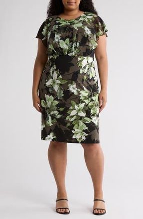 Connected Floral Chiffon Sleeve Sheath Dress in Olive at Nordstrom Rack, Size 22W