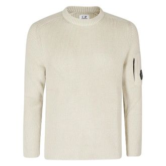 C.P. Company C.p. Company - Full Rib Cotton Crewneck Lens Sweater - Heren - Truien - Beige - Maat: L Katoen