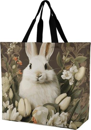 Generic A Beautiful White Rabbit Carry Bag Eco Friendly Shopping Bag Waterproof Grocery Bags For Travel Work Ladies