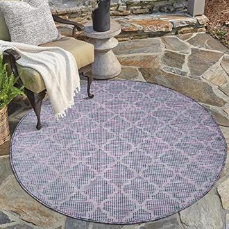 Carpet City Outdoor Teppich Terrasse Wetterfest - 160x160 cm Rund - Balkonteppich Blau-Rosa - Marokkanisches Muster - In-& Outdoor Teppiche f&uuml;r Veranda, Garten, K