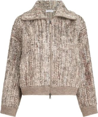 Brunello Cucinelli Beige Textured Mock Collar Sweater