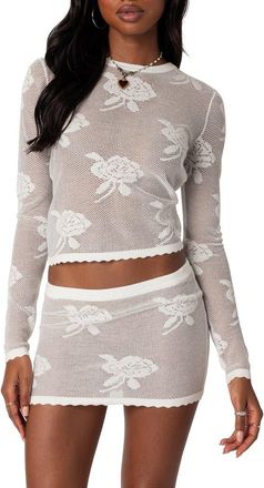 Edikted Saga Floral Jacquard Open Stitch Sweater in White at Nordstrom, Size X-Small