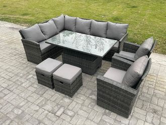 Fimous Outdoor Garden Furniture Set Wicker PE Rattan Height Adjustable Rising Lifting Table Sofa Dining Set with 2 Small Footstool 2 Armchairs
