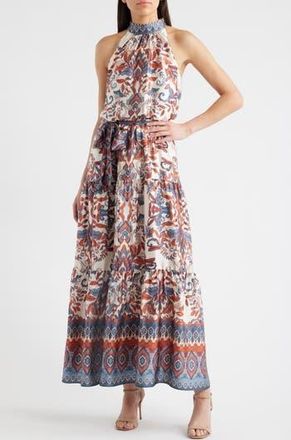 Julia Jordan Sleeveless Tiered Mock Neck Waist Tie Dress in Ivory Multi at Nordstrom Rack, Size 14