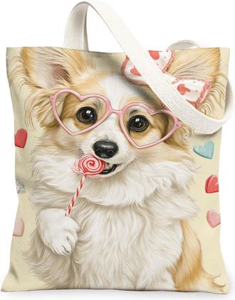 Generic Dog Canvas Tote Bags, Cute Animal Design Reusable Grocery Bags, ValentineS Day Heart Print Lightweight Washable Canvas for, Multicolor, 13x15 Inch