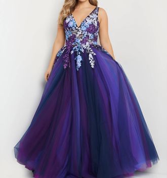 Jovani Elegant Ball Gown With Floral Appliqu&eacute; In Navy/multi