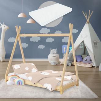 ML Design Ml-design - Cama Infantil Tipi Natural Con Colch&oacute;n De Espuma Fr&iacute;a Hipoalerg&eacute;nico 70x140 Cm Somier Estructura Listones De Madera Maciza De Pino Para Ni