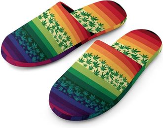 Generic USA Flag Weed Leaf Rainbow Mens Slippers Warm Non-Slip Houes Shose Spa Slipper for Home Bedroom