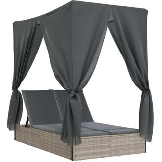 vidaXL Vidaxl - Lettino Prendisole Tetto e Tende Grigio Chiaro in Polyrattan