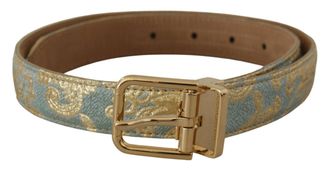 Dolce & Gabbana Blue Leather Jacquard Embossed Gold Metal Buckle Womens Belt