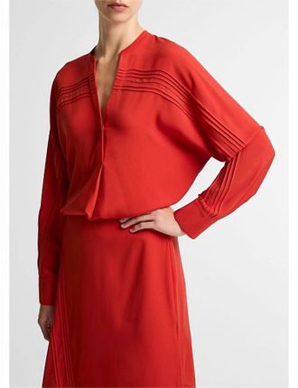 Vince Pintuck Half Placket Blouse In Poppy