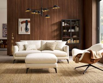 Castlery Lena Sofa with Ottoman, Cream, Matte Black Legs, Spill-Resistant, Removable Covers for Living Room
