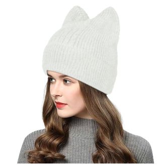 Generic Winter Hats for Women UK, Crochet Cat Ear Beanie Thermal Cable Knitted Hat Thermal Fleece Line Wooly Women Slouch Beanie Cap for Outdoor Sports Beige