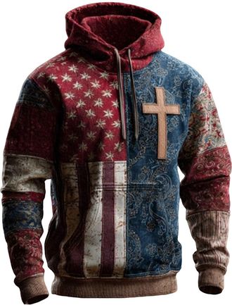 Generic Mens Hoodies, American Flag and Cross Patchwork Hoodie Mens Hoody Christian Faith Vintage Casual Warm Athletic Sports Outdoor Workout Outfits Pullover