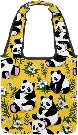 Generic Cute Panda on Yellow Reversible Canvas Shoulder Tote - Double-Sided Print, 12oz Cotton, 27cm Drop, Fold-Flat Bag for Travel, Shopping, Street Outings
