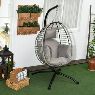 OUTSUNNY Hanging Swing Chair w/ Thick Cushion, Rope Structure Patio Hanging Chair, Grey