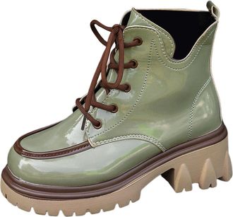 Generic British Ladies Fashion Leather Lace Up Ankle Boots with Thick Heel and Sole for Women Stylish Comfortable Footwear (Green, 4.5)