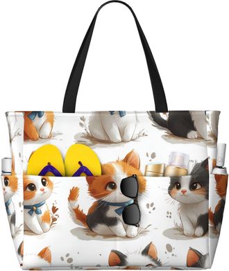Generic Cute Cat Print Large Beach Bag Foldable Travel Shoulder Tote Bag With Pocket For Weekender Pool Vacation