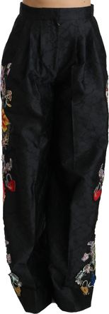 Dolce & Gabbana Black Brocade Floral Sequined Beaded Womens Pants