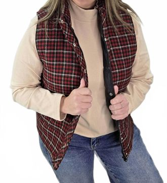 Staccato Check Plaid Zip Up Snap Puff Vest In Red, Black