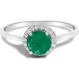 House of Brilliance 10K Gold Gemstone and 1/10 Cttw Diamond Halo Birthstone Ring in White | Green Emerald at Nordstrom, Size 6.5