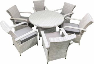 Fimous Wicker pe Rattan Garden Furniture Set Patio Outdoor 6 Chairs Plus Big Round Table Set Light Grey Mixed - Fimous