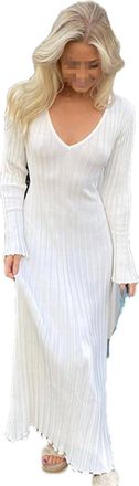 Generic Women Casual V-Neck Knitted Maxi Dress Autumn Ribbed Long Sleeve Bodycon Dress White S