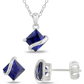 Delmar Lab-Grown Blue Sapphire Stud Earrings & Necklace Set at Nordstrom Rack