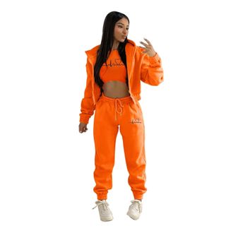 Generic Womens Casual Stylish Tracksuit Set Long Sleeve Solid Tops and High Elastic Waist Straight Trousers Hoodie Jogger 3 Piece Loungewear Outfit Track Suit