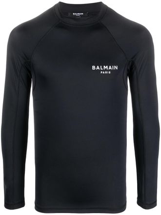 Balmain logo-print long-sleeve T-shirt - men - Polyester/Elastane - L - Black