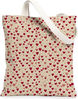 Generic Heart Pattern Canvas Tote Bags, Romantic Love Design Reusable Grocery Bags, Lightweight Washable Shoulder Strap Canvas for, Beige, 13x15 Inch