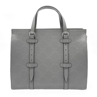 Gucci Gray Leather Canvas Gg Canvas Handbag Tote Bag (Pre-Owned)