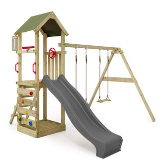 Fatmoose Parque Infantil De Madera Fatmoose Kiwikey Kick Con Columpio Doble Y Tobogan En Antracita