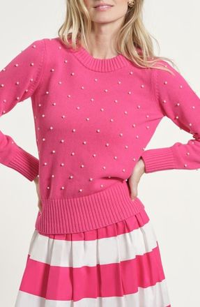 Isaac Mizrahi New York Faux Pearl Accent Cotton Crewneck Sweater in Fuchsia at Nordstrom, Size X-Small