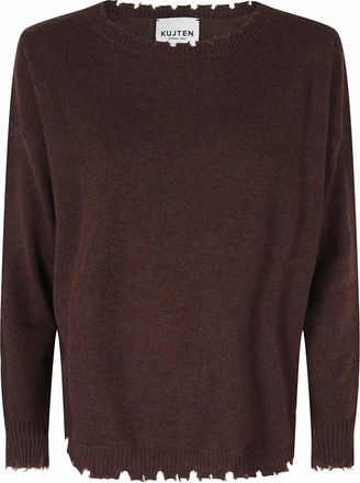 Kujten Mela Brown Fringed Crewneck Cashmere Sweater