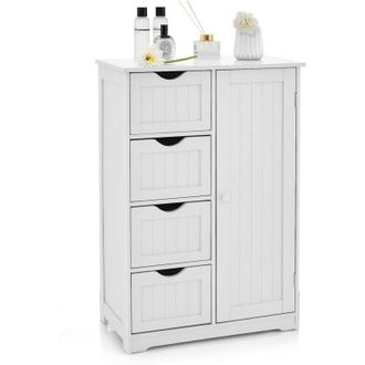 Costway Costway - Mobiletto da Pavimento per Bagno con 4 Cassetti e 1 Anta, Mobile Multiuso con Ripiano Regolabile, Mobile da Terra in Legno per Soggiorno