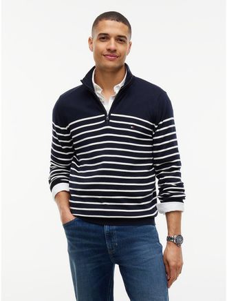 Tommy Hilfiger Mens Striped Quarter-Zip Sweater - Navy / White Stripe - XXXL