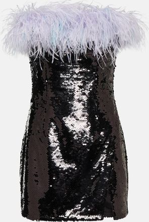 Self Portrait Feather-trimmed sequined minidress