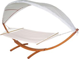 Hhg Hamaca Hhg-675, Columpio Colgante Hasta 200kg Toldo Mvg Armaz&oacute;n De Madera 420cm 2 Personas, Marr&oacute;n, Crema-blanco